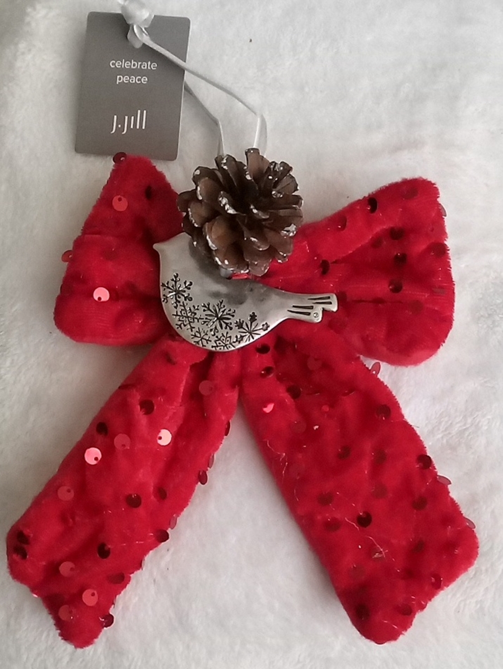 J. Jill Red Velvet Sequin Bow Ornament with Silver Bird